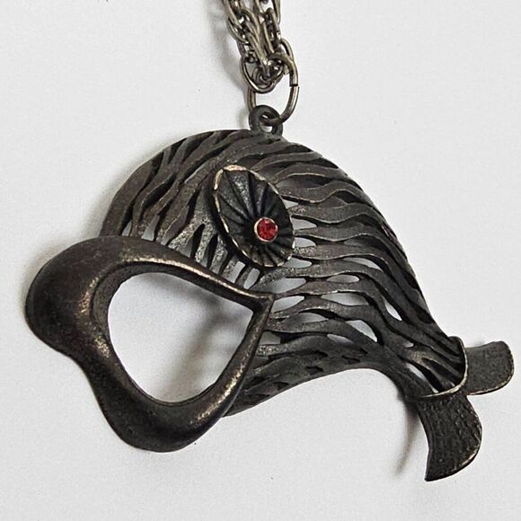 Vtg JJ Jonette Large Pewter Fish Pendant Necklace Open Mouth Red Rhinestone Eye - Picture 4 of 15